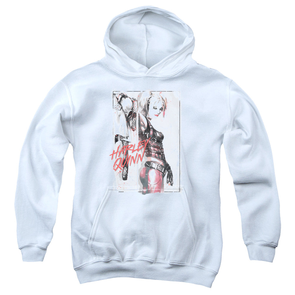 AN OFFCIALLY LICENSED BATMAN INK WASH HARLEY YOUTH HOODIE WHITE