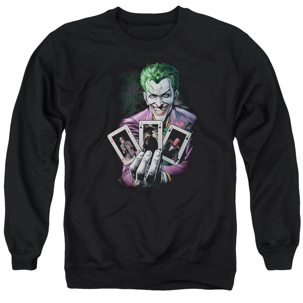 AN OFFCIALLY LICENSED BATMAN 3 OF A KIND ADULT UNISEX CREWNECK SWEATSHIRT BLACK