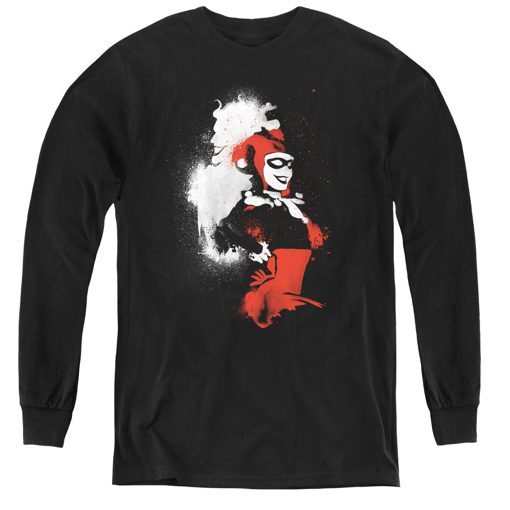 AN OFFCIALLY LICENSED BATMAN SPLATTERED COUPLE YOUTH LONG SLEEVE T-SHIRT BLACK