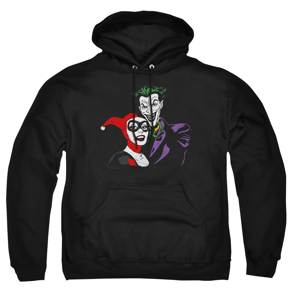 AN OFFCIALLY LICENSED BATMAN JOKER & HARLEY ADULT UNISEX PULLOVER HOODIE BLACK