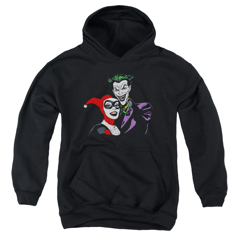 AN OFFCIALLY LICENSED BATMAN JOKER & HARLEY YOUTH HOODIE BLACK