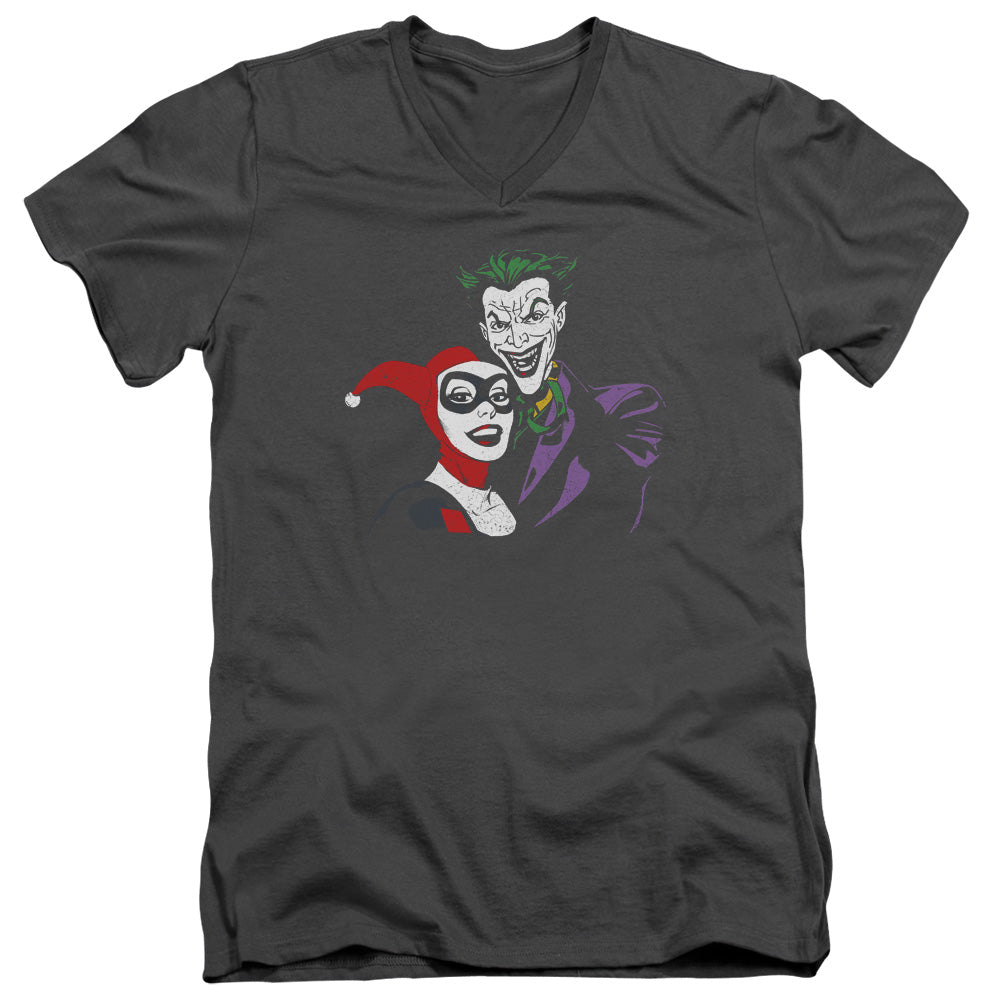 AN OFFCIALLY LICENSED BATMAN JOKER & HARLEY MEN'S V-NECK T-SHIRT CHARCOAL