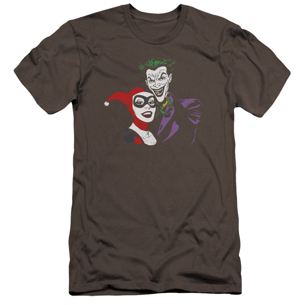 AN OFFCIALLY LICENSED BATMAN JOKER & HARLEY MEN'S PREMIUM SLIM FIT T-SHIRT CHARCOAL