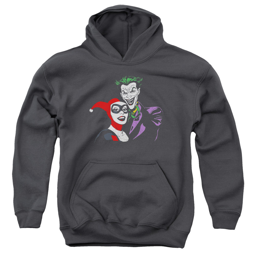AN OFFCIALLY LICENSED BATMAN JOKER & HARLEY YOUTH HOODIE CHARCOAL