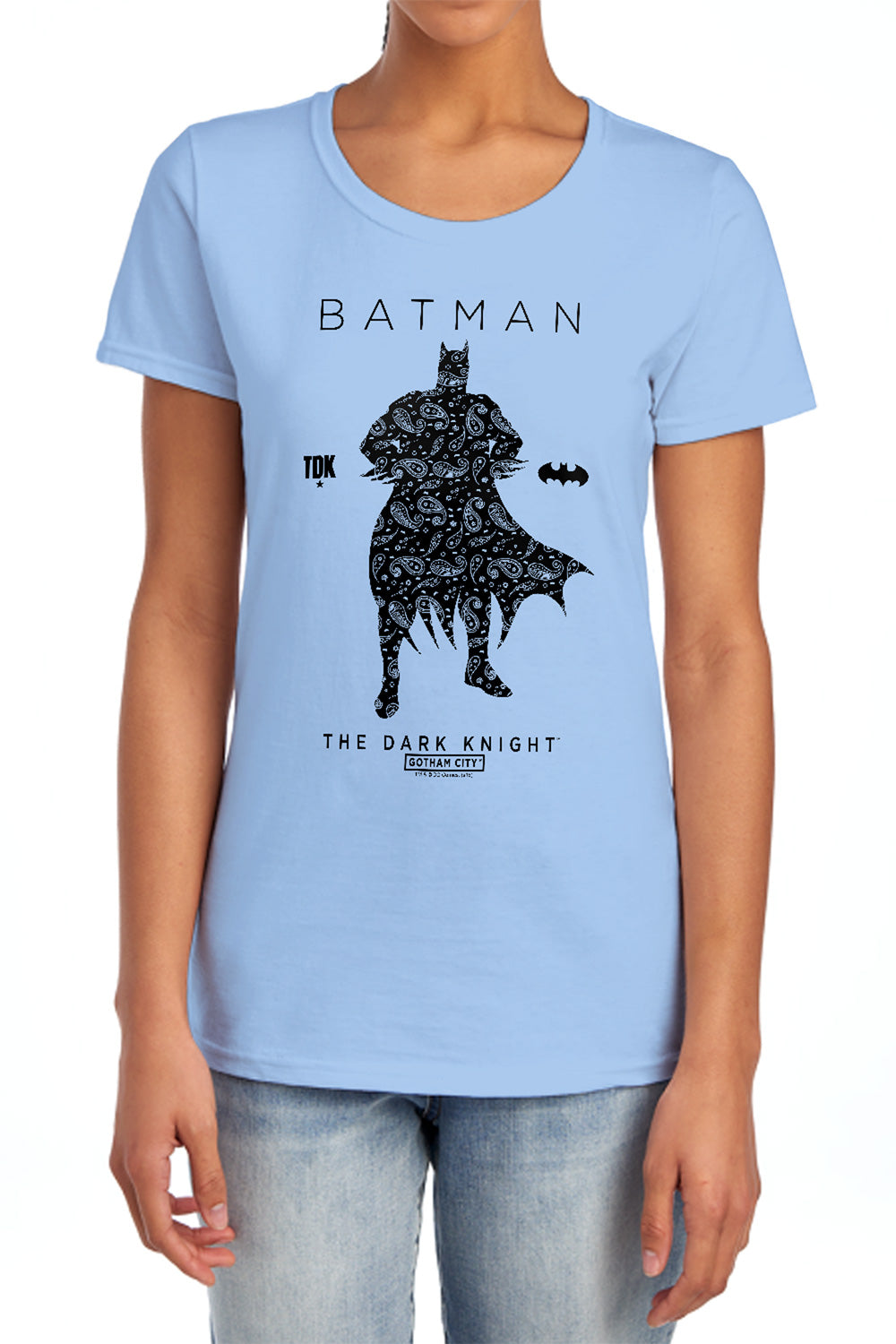 AN OFFCIALLY LICENSED BATMAN PAISLETY SILHOUETTE WOMEN'S REGULAR FIT T-SHIRT WHITE