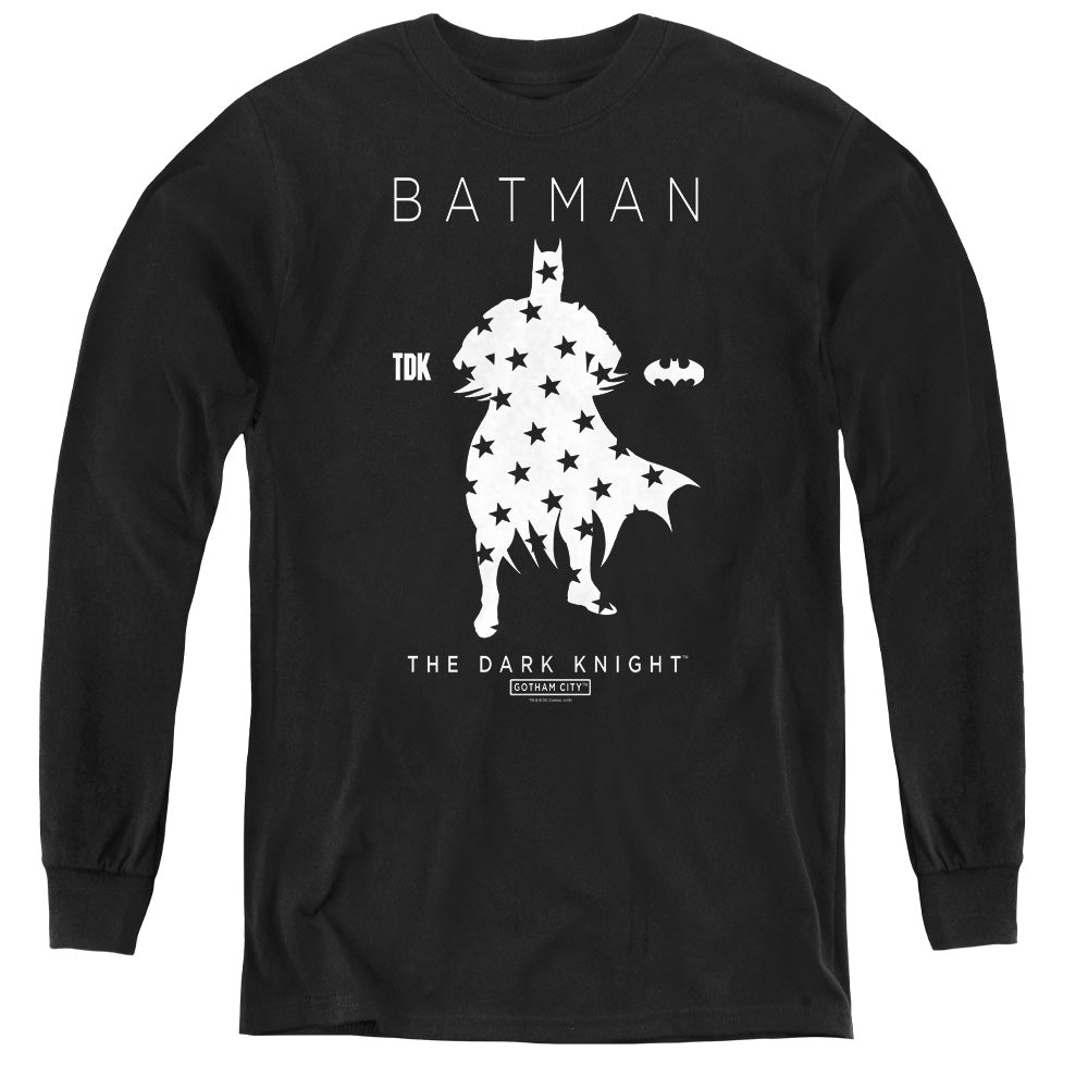 AN OFFCIALLY LICENSED BATMAN STAR SILHOUETTE YOUTH LONG SLEEVE T-SHIRT BLACK
