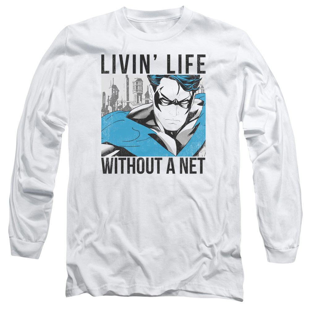 AN OFFCIALLY LICENSED BATMAN WITHOUT A NET MEN'S LONG SLEEVE T-SHIRT WHITE