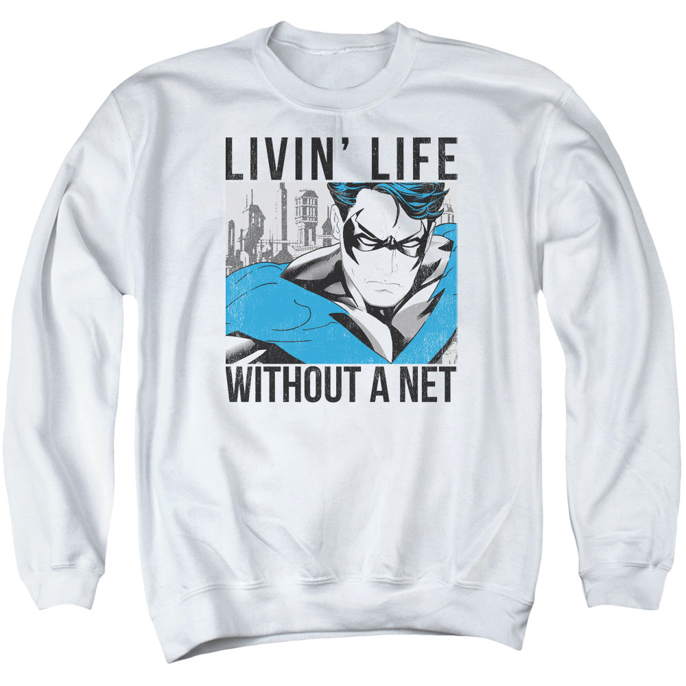 AN OFFCIALLY LICENSED BATMAN WITHOUT A NET ADULT UNISEX CREWNECK SWEATSHIRT WHITE