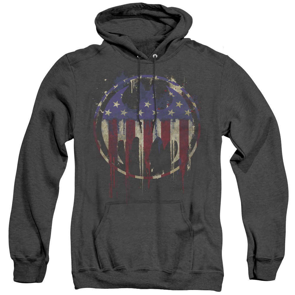 AN OFFCIALLY LICENSED BATMAN BLEEDING SIGNAL ADULT UNISEX HEATHER PULLOVER HOODIE BLACK