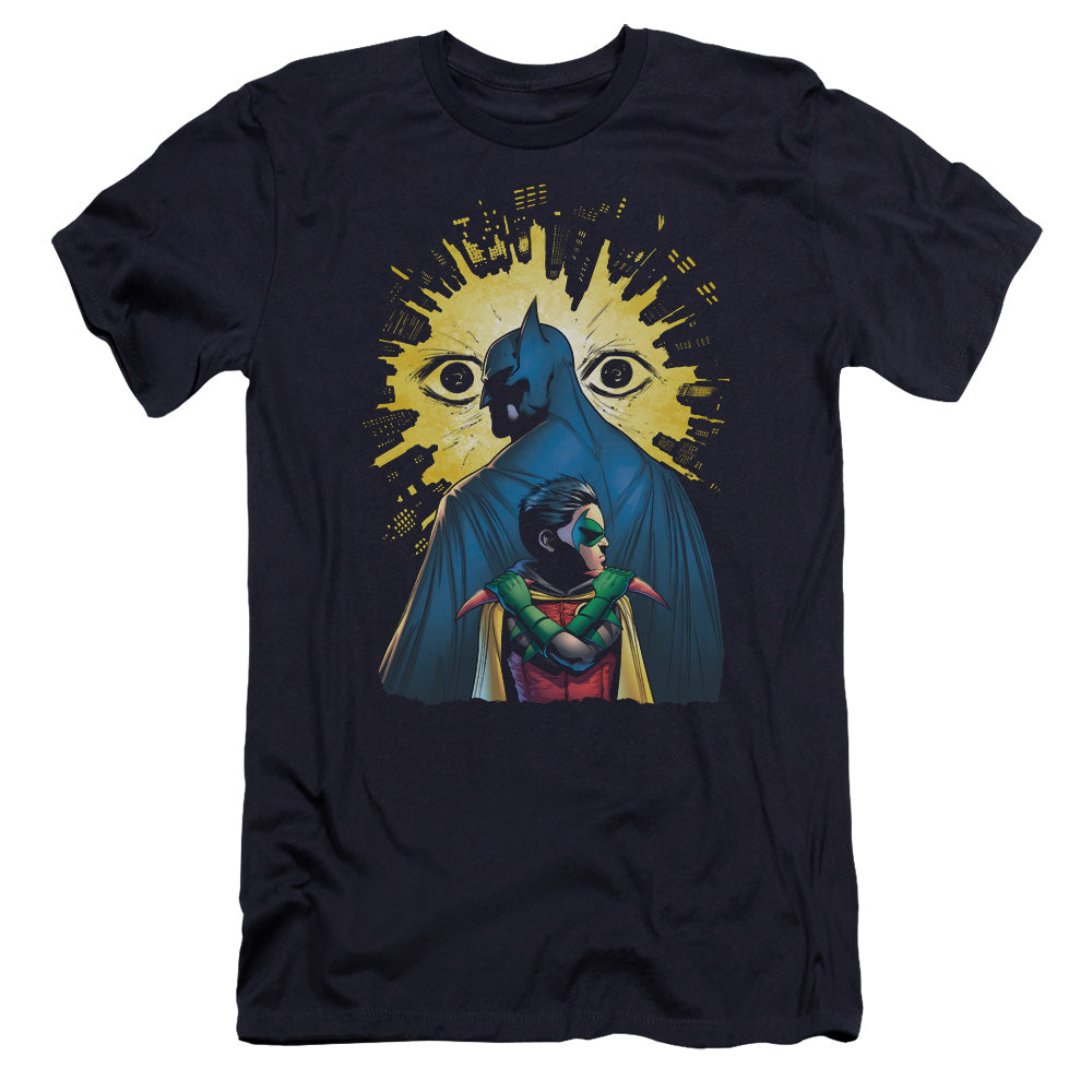 AN OFFCIALLY LICENSED BATMAN WATCHERS MEN'S PREMIUM SLIM FIT T-SHIRT NAVY