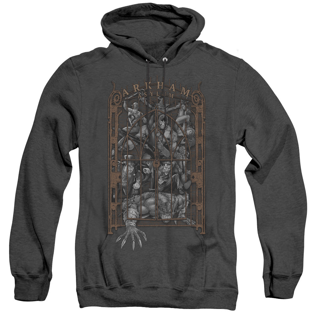AN OFFCIALLY LICENSED BATMAN ARKHAMS GATE ADULT UNISEX HEATHER PULLOVER HOODIE BLACK
