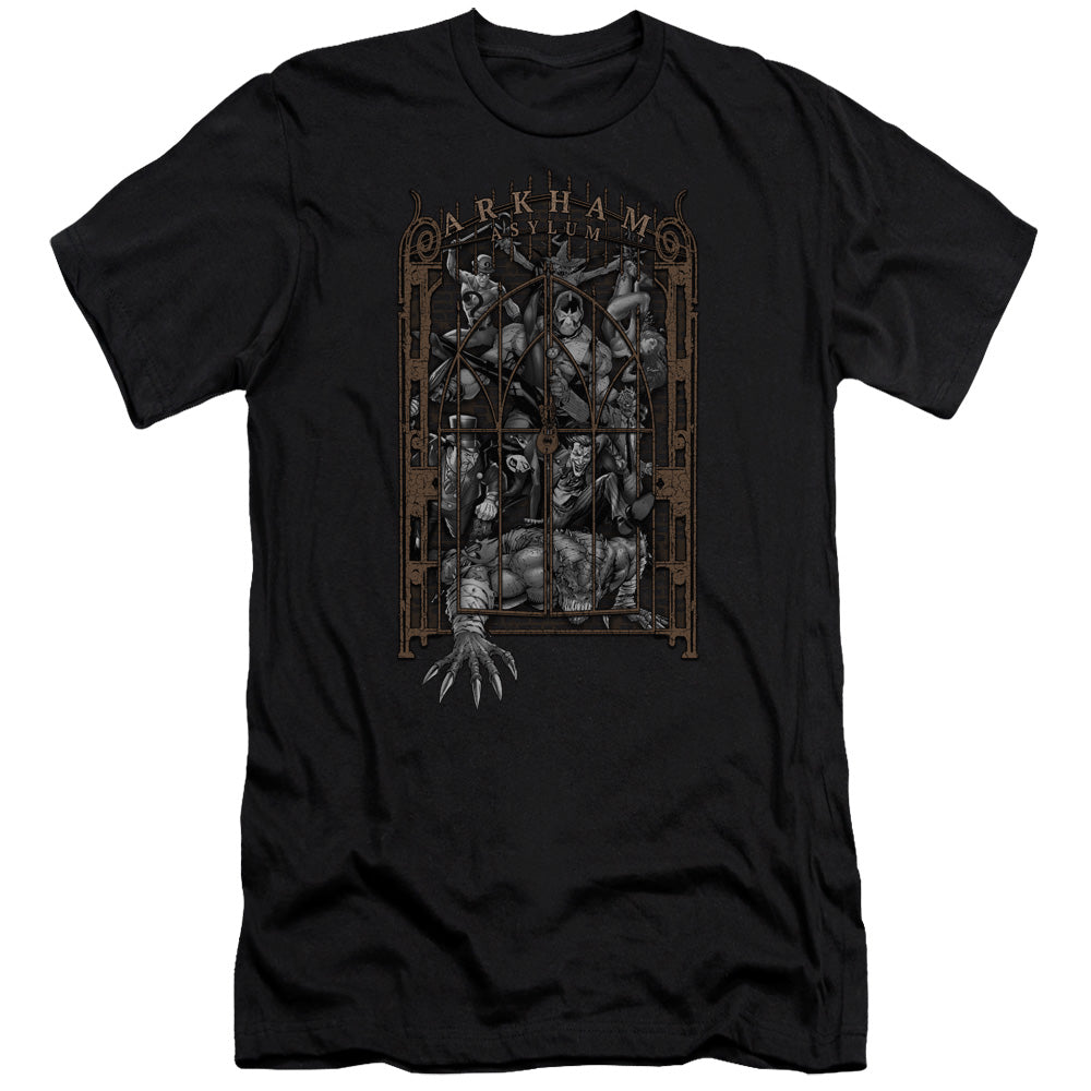 AN OFFCIALLY LICENSED BATMAN ARKHAMS GATE MEN'S PREMIUM SLIM FIT T-SHIRT BLACK