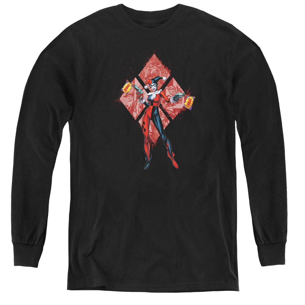 AN OFFCIALLY LICENSED BATMAN HARLEY QUINN (DIAMONDS) YOUTH LONG SLEEVE T-SHIRT BLACK