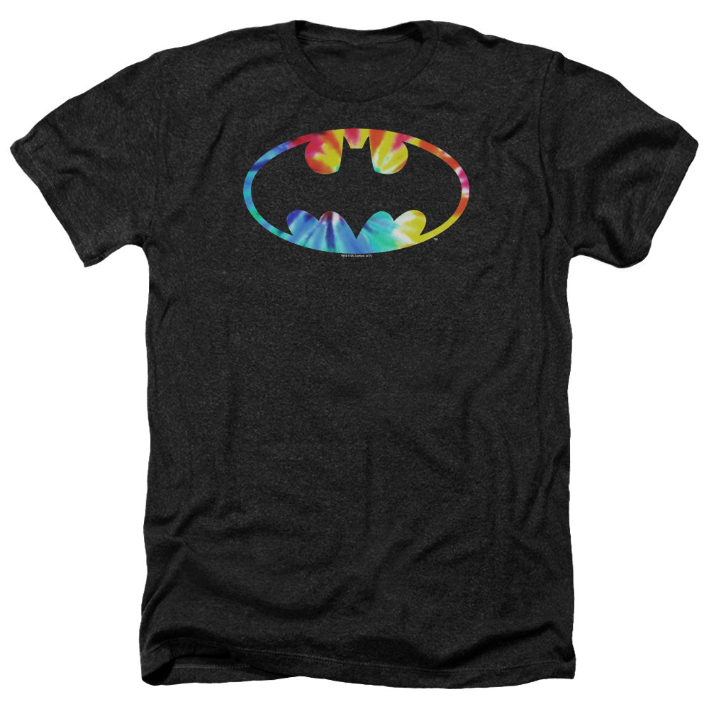 AN OFFCIALLY LICENSED BATMAN TIE DYE BATMAN LOGO MEN'S HEATHER T-SHIRT CHARCOAL