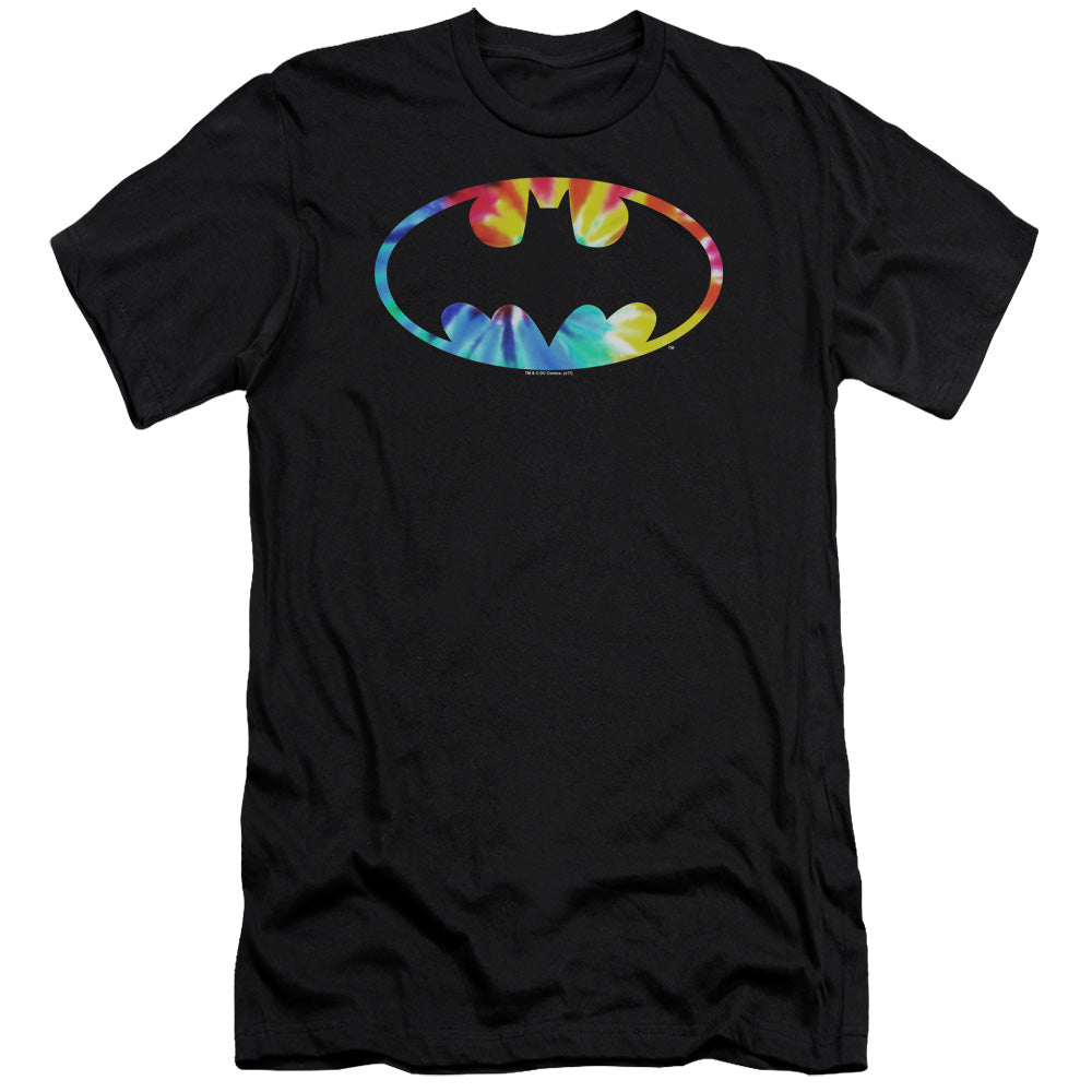 AN OFFCIALLY LICENSED BATMAN TIE DYE BATMAN LOGO MEN'S PREMIUM SLIM FIT T-SHIRT BLACK