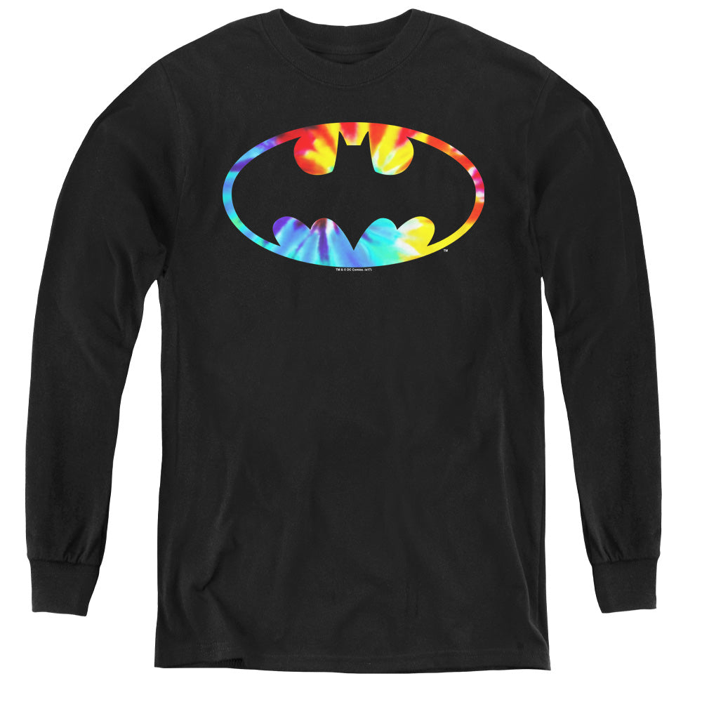 AN OFFCIALLY LICENSED BATMAN TIE DYE BATMAN LOGO YOUTH LONG SLEEVE T-SHIRT BLACK