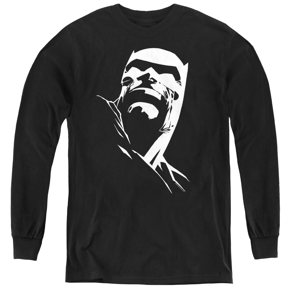 AN OFFCIALLY LICENSED BATMAN DKR HEAD YOUTH LONG SLEEVE T-SHIRT BLACK
