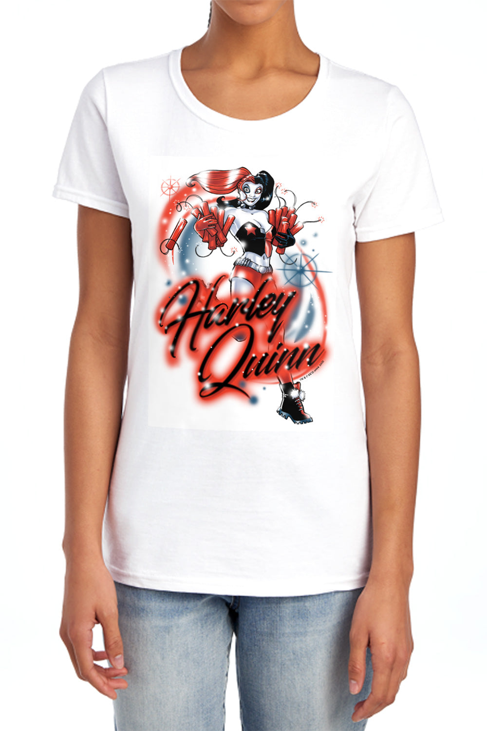 AN OFFCIALLY LICENSED BATMAN HARLEY AIRBRUSH WOMEN'S REGULAR FIT T-SHIRT WHITE