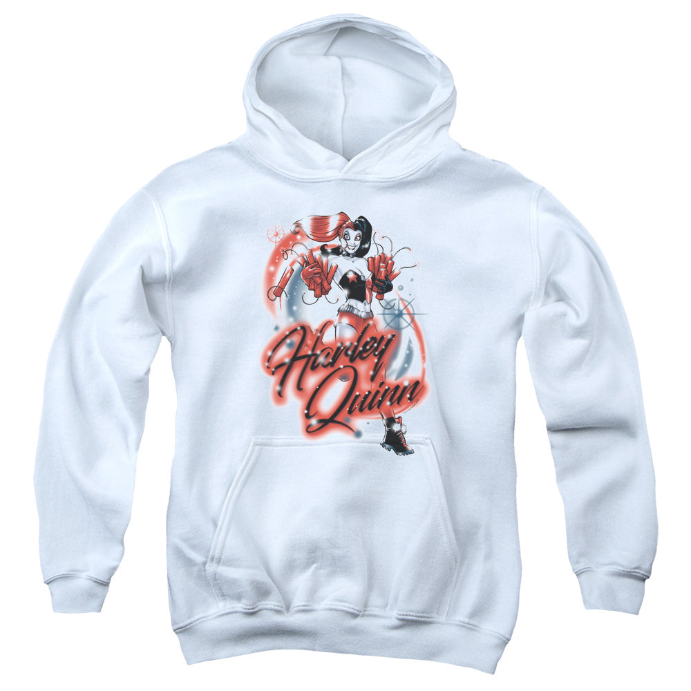 AN OFFCIALLY LICENSED BATMAN HARLEY AIRBRUSH YOUTH HOODIE WHITE