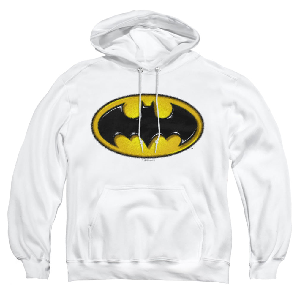 AN OFFCIALLY LICENSED BATMAN AIRBRUSH BAT SYMBOL ADULT UNISEX PULLOVER HOODIE WHITE