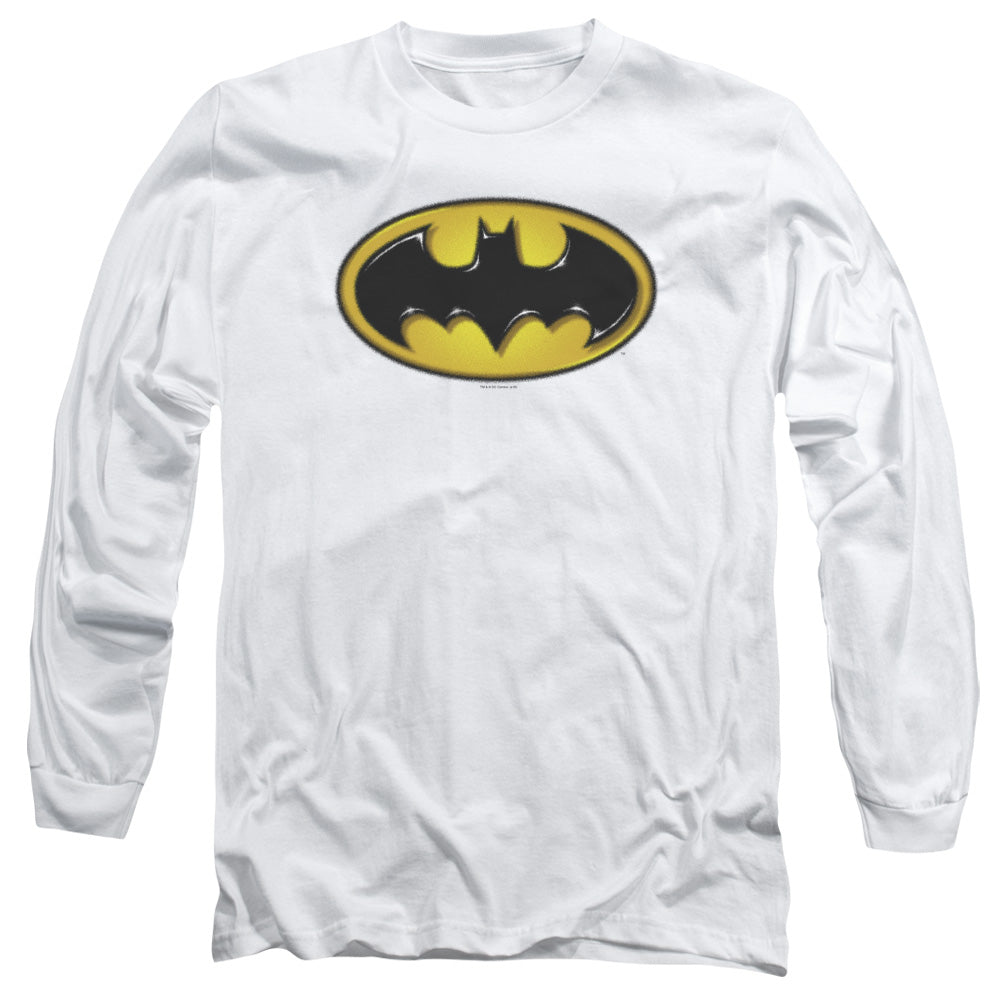AN OFFCIALLY LICENSED BATMAN AIRBRUSH BAT SYMBOL MEN'S LONG SLEEVE T-SHIRT WHITE