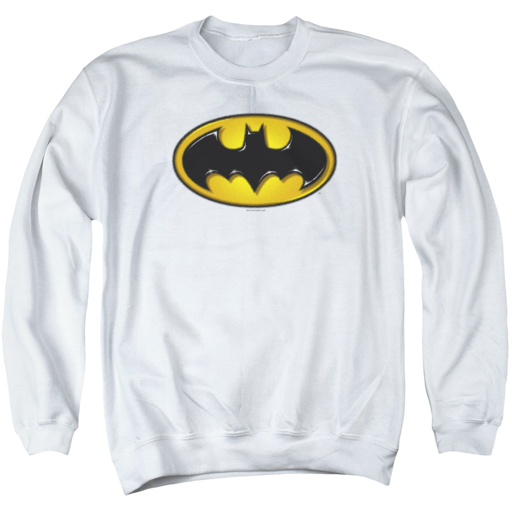 AN OFFCIALLY LICENSED BATMAN AIRBRUSH BAT SYMBOL ADULT UNISEX CREWNECK SWEATSHIRT WHITE
