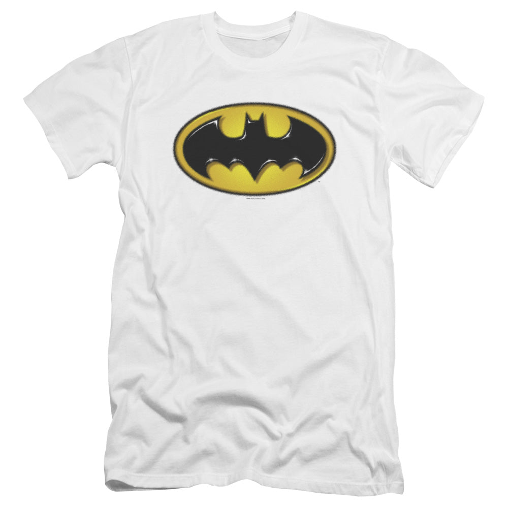 AN OFFCIALLY LICENSED BATMAN AIRBRUSH BAT SYMBOL MEN'S PREMIUM SLIM FIT T-SHIRT WHITE