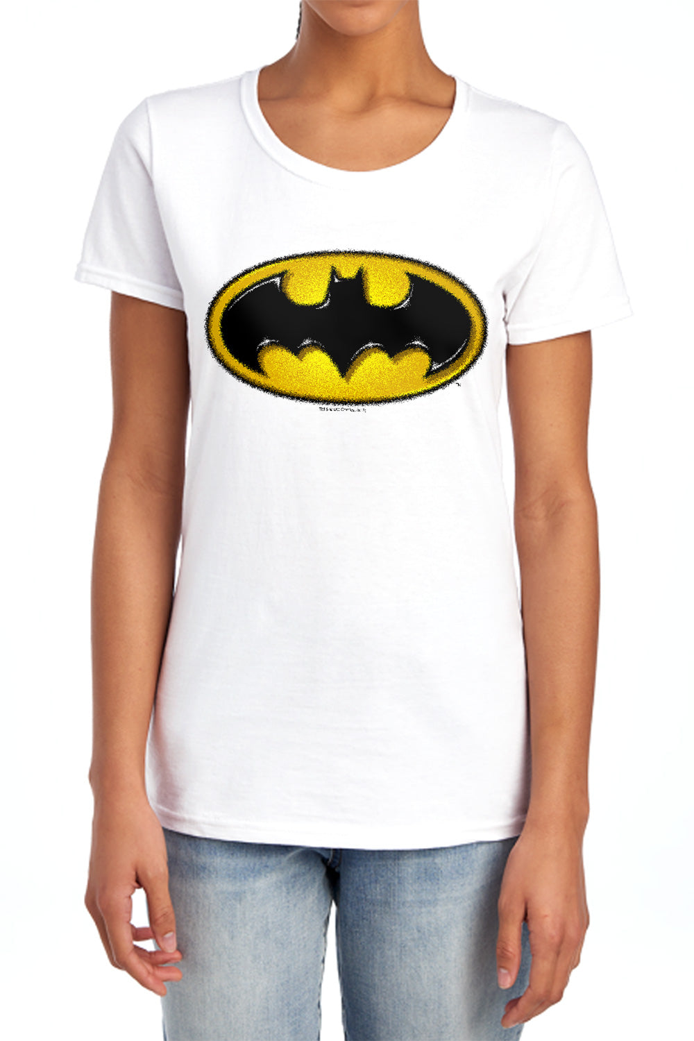 AN OFFCIALLY LICENSED BATMAN AIRBRUSH BAT SYMBOL WOMEN'S REGULAR FIT T-SHIRT WHITE