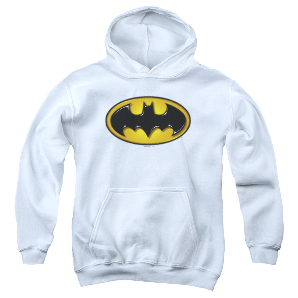 AN OFFCIALLY LICENSED BATMAN AIRBRUSH BAT SYMBOL YOUTH HOODIE WHITE
