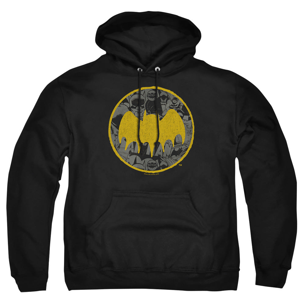 AN OFFCIALLY LICENSED BATMAN VINTAGE SYMBOL COLLAGE ADULT UNISEX PULLOVER HOODIE BLACK