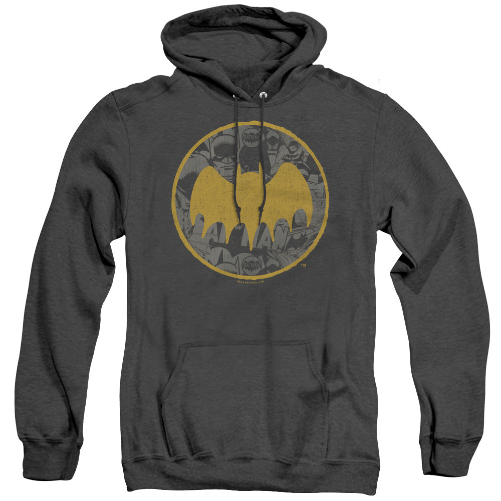 AN OFFCIALLY LICENSED BATMAN VINTAGE SYMBOL COLLAGE ADULT UNISEX HEATHER PULLOVER HOODIE BLACK