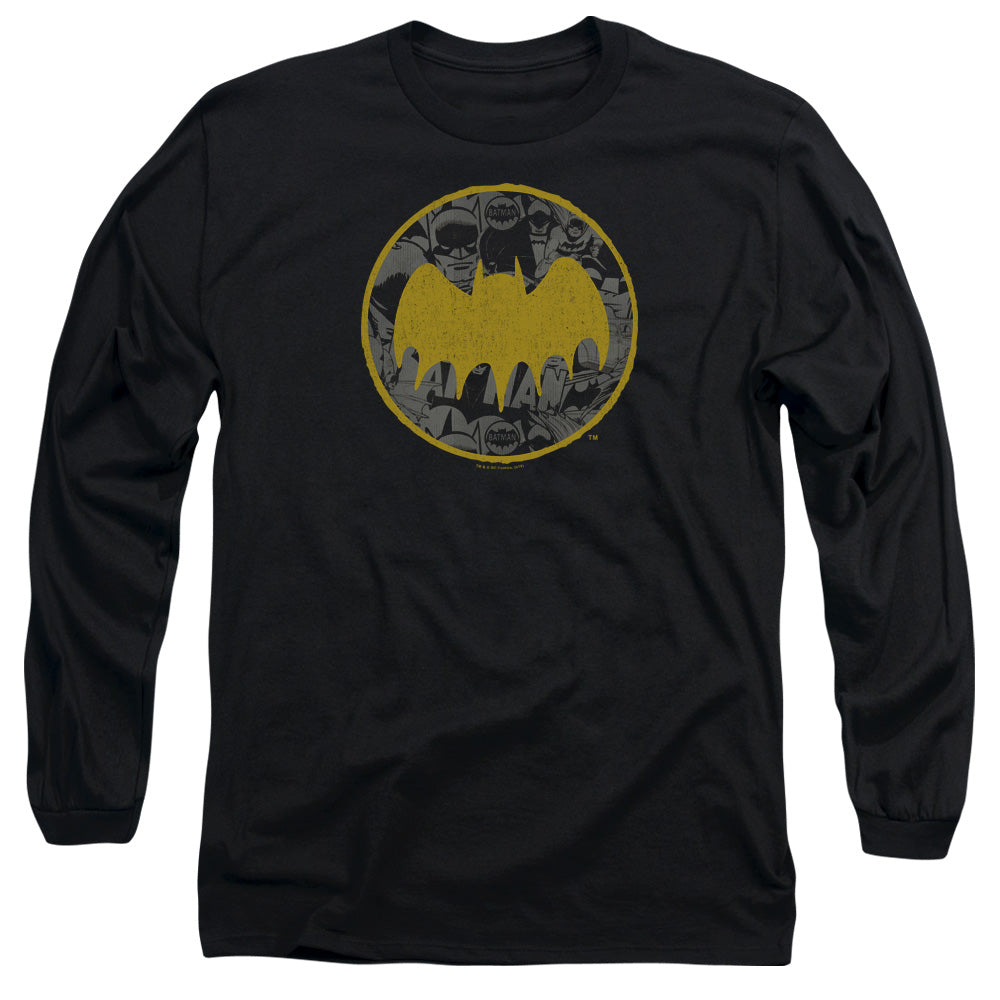 AN OFFCIALLY LICENSED BATMAN VINTAGE SYMBOL COLLAGE MEN'S LONG SLEEVE T-SHIRT BLACK