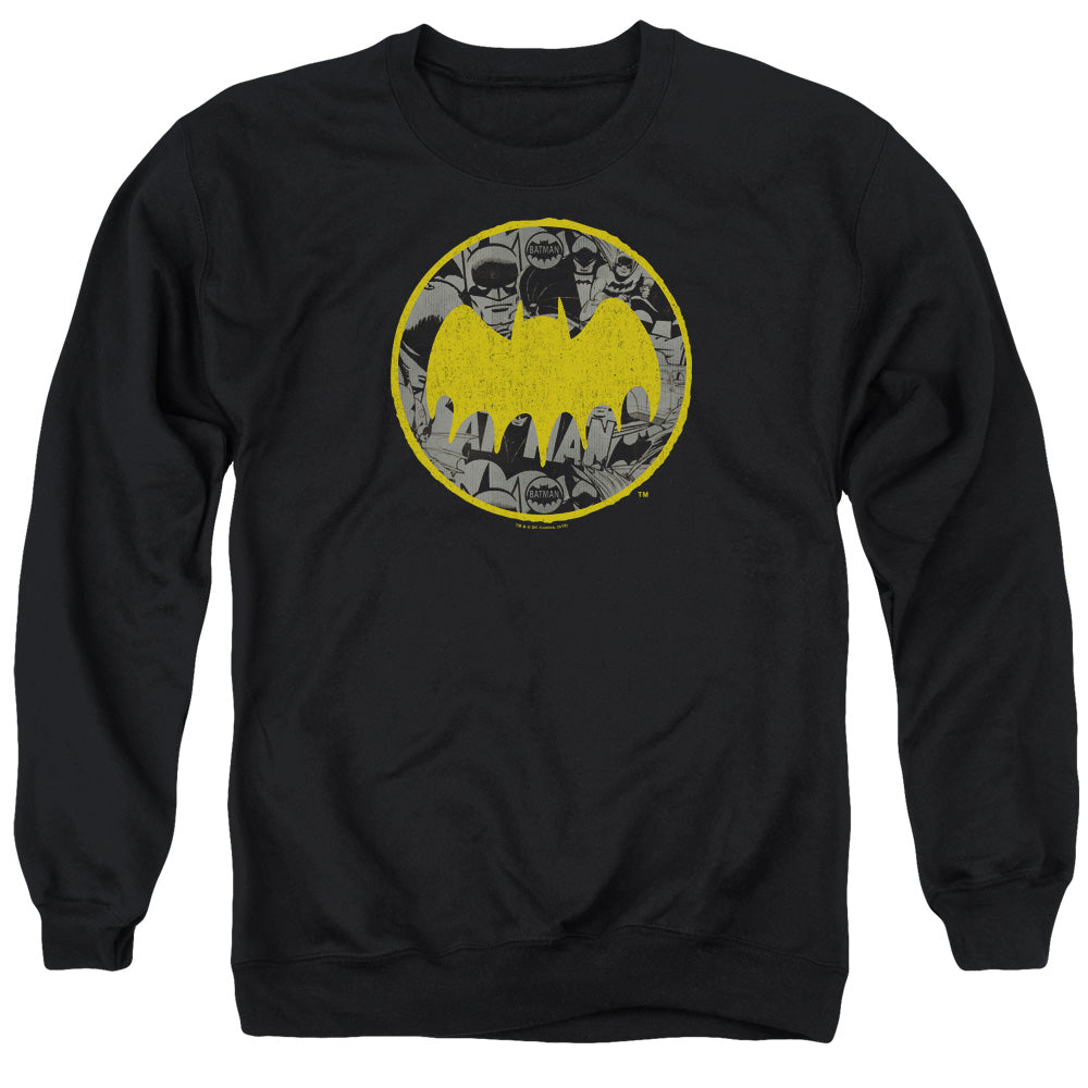 AN OFFCIALLY LICENSED BATMAN VINTAGE SYMBOL COLLAGE ADULT UNISEX CREWNECK SWEATSHIRT BLACK