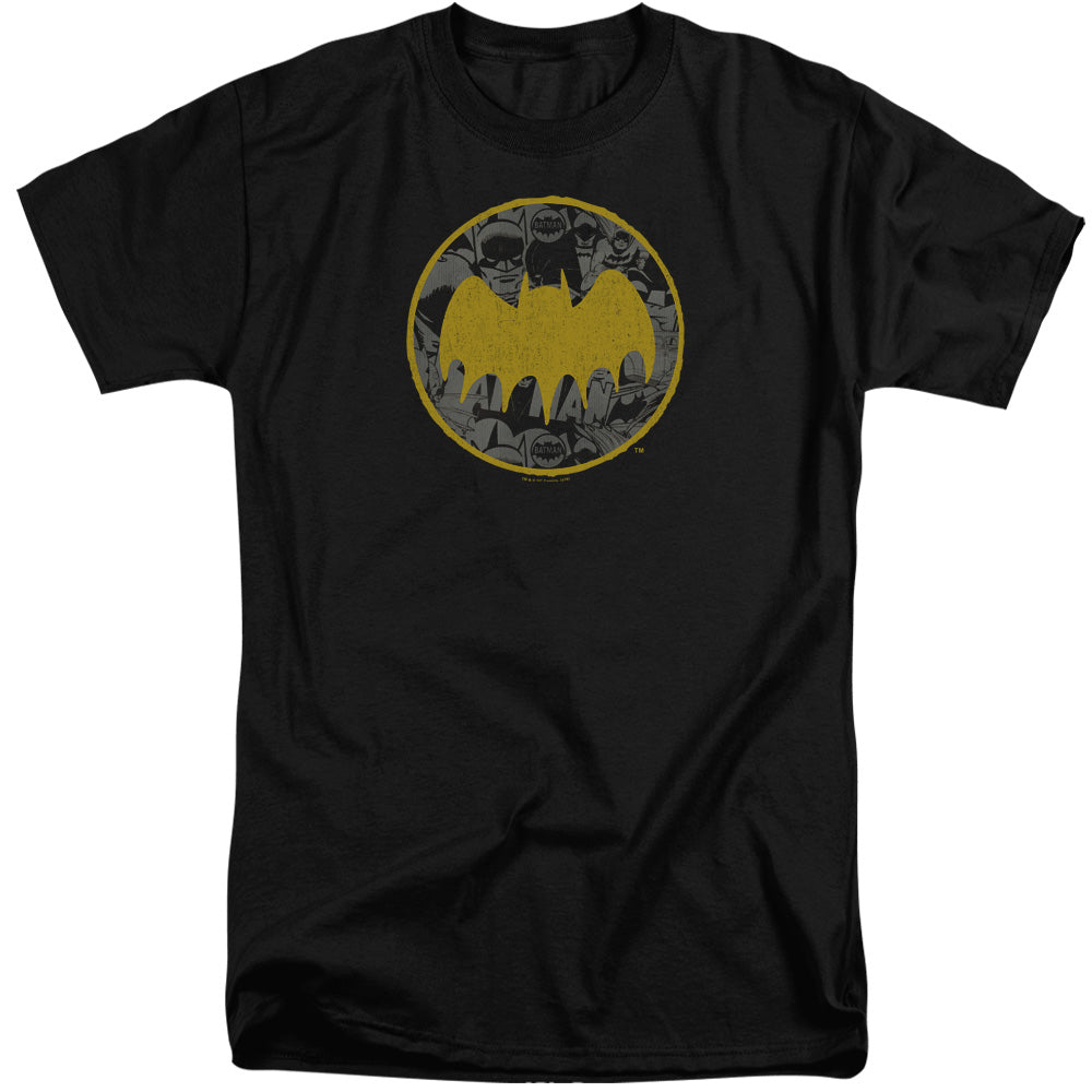 AN OFFCIALLY LICENSED BATMAN VINTAGE SYMBOL COLLAGE MEN'S TALL FIT T-SHIRT BLACK