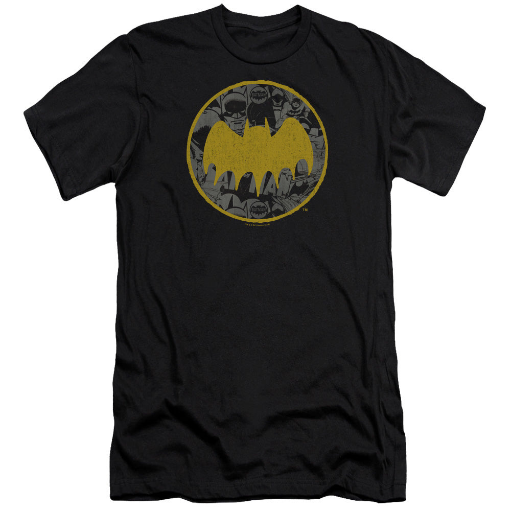AN OFFCIALLY LICENSED BATMAN VINTAGE SYMBOL COLLAGE MEN'S PREMIUM SLIM FIT T-SHIRT BLACK