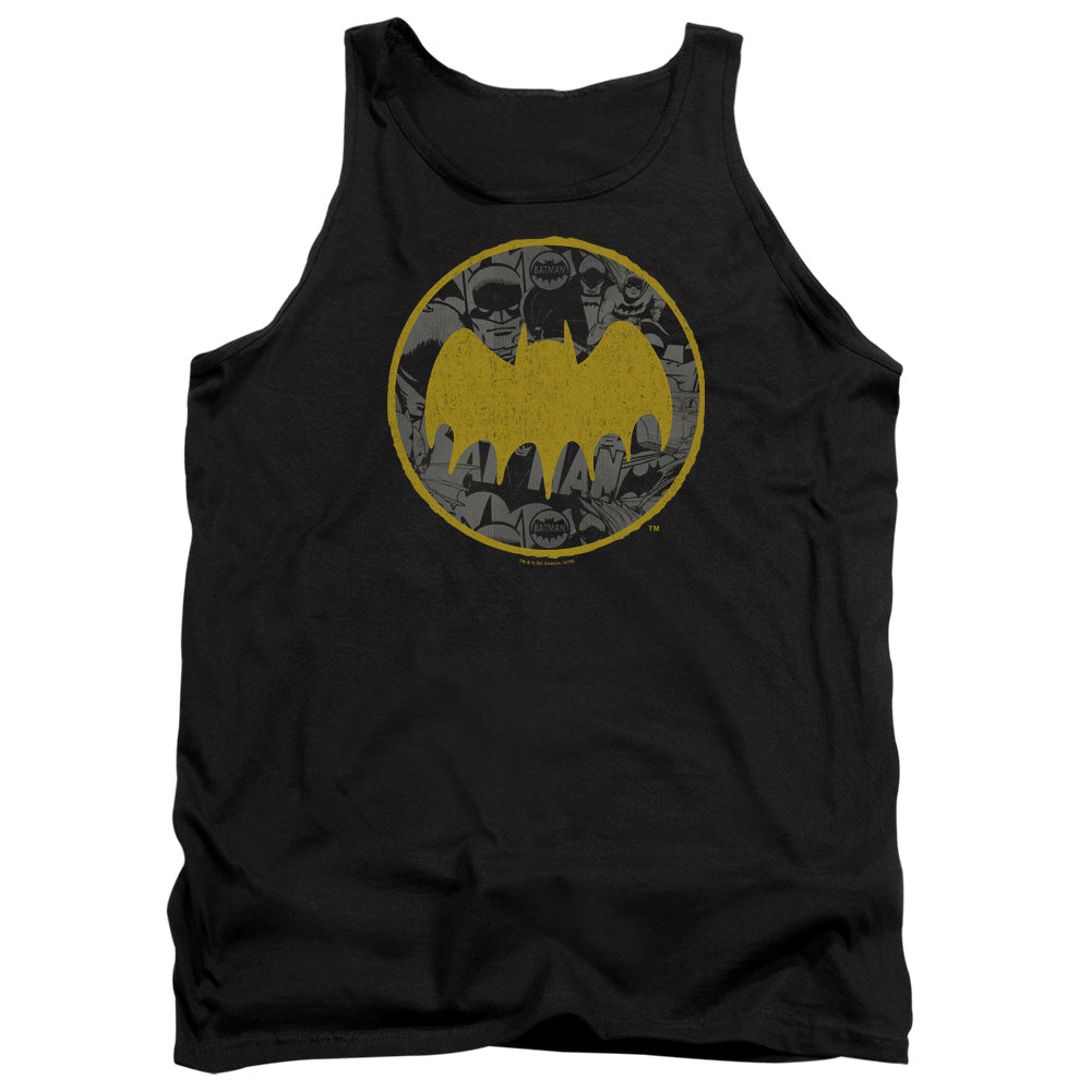 AN OFFCIALLY LICENSED BATMAN VINTAGE SYMBOL COLLAGE ADULT UNISEX TANK TOP BLACK