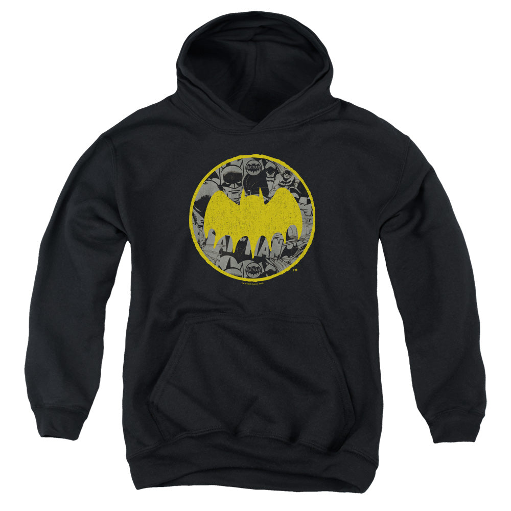 AN OFFCIALLY LICENSED BATMAN VINTAGE SYMBOL COLLAGE YOUTH HOODIE BLACK