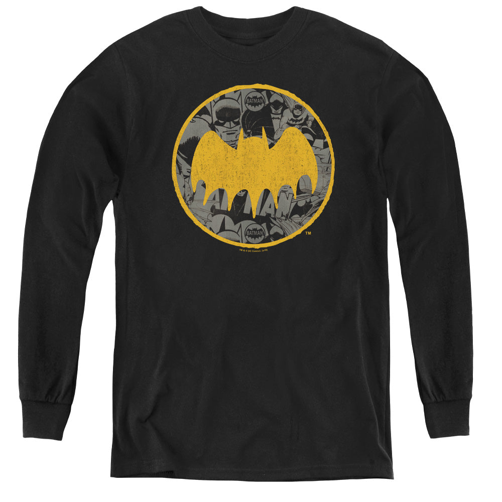AN OFFCIALLY LICENSED BATMAN VINTAGE SYMBOL COLLAGE YOUTH LONG SLEEVE T-SHIRT BLACK