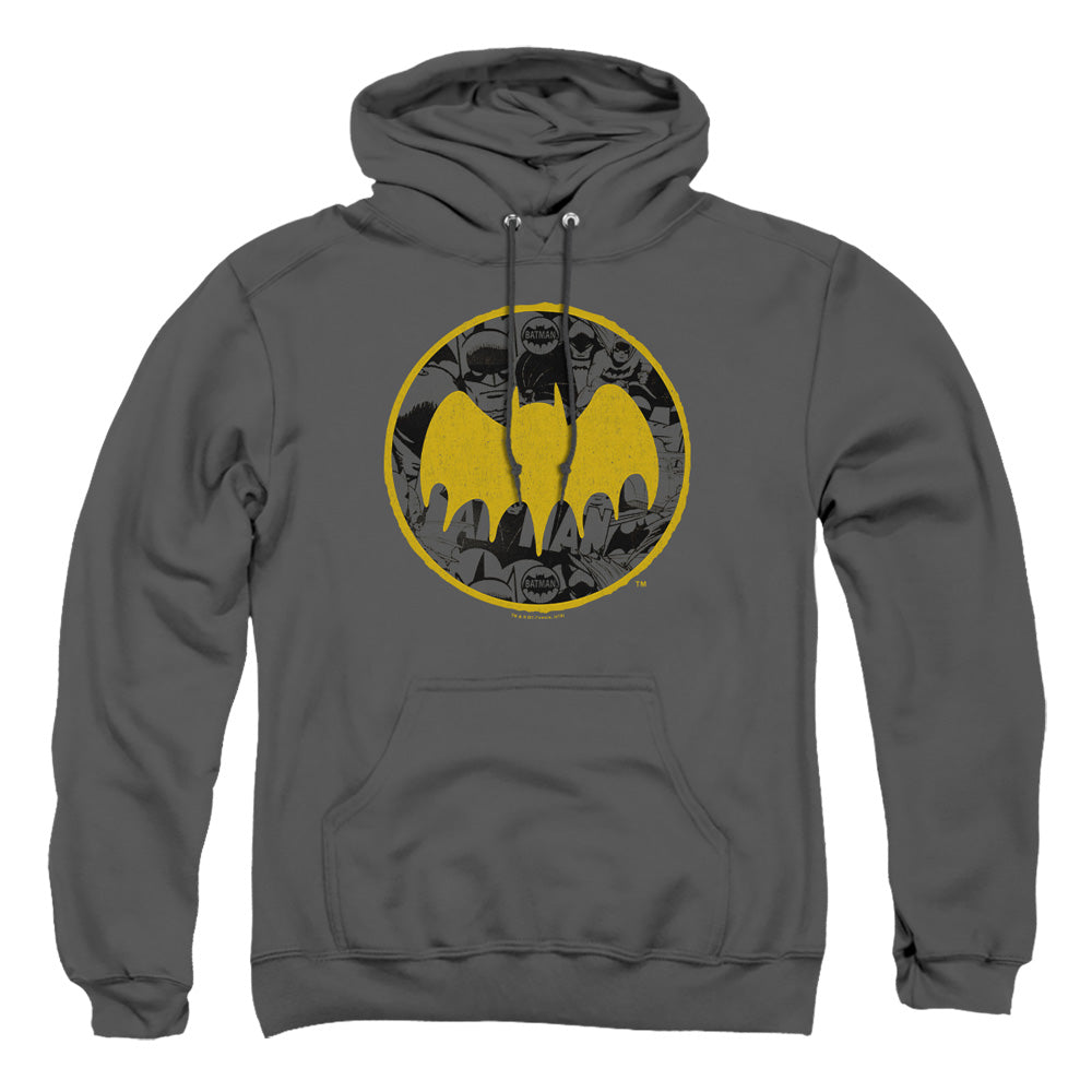 AN OFFCIALLY LICENSED BATMAN VINTAGE SYMBOL COLLAGE ADULT UNISEX PULLOVER HOODIE CHARCOAL