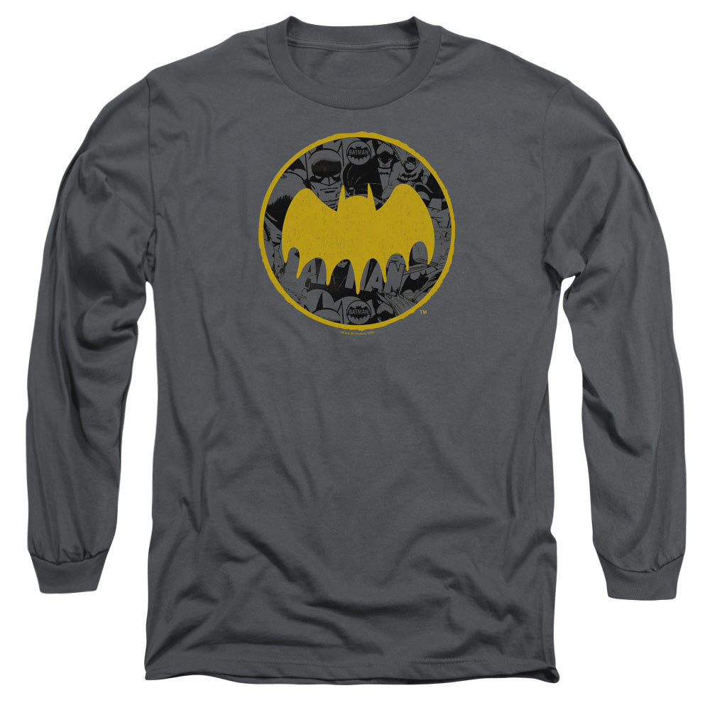 AN OFFCIALLY LICENSED BATMAN VINTAGE SYMBOL COLLAGE MEN'S LONG SLEEVE T-SHIRT CHARCOAL