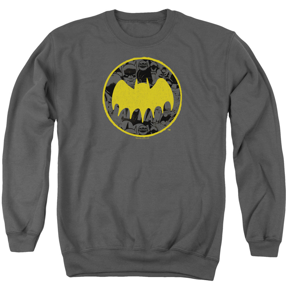 AN OFFCIALLY LICENSED BATMAN VINTAGE SYMBOL COLLAGE ADULT UNISEX CREWNECK SWEATSHIRT CHARCOAL
