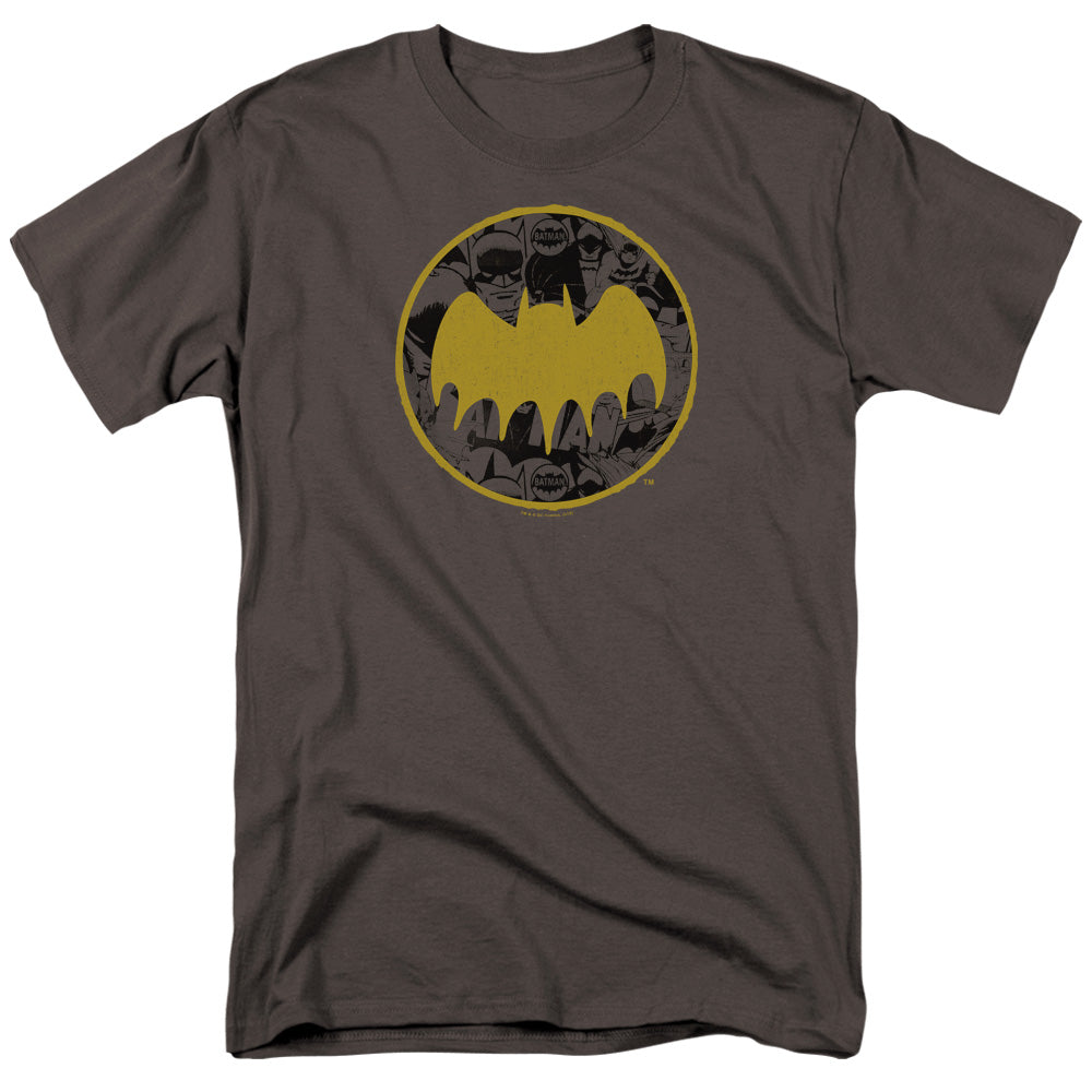 AN OFFCIALLY LICENSED BATMAN VINTAGE SYMBOL COLLAGE MEN'S REGULAR FIT T-SHIRT CHARCOAL