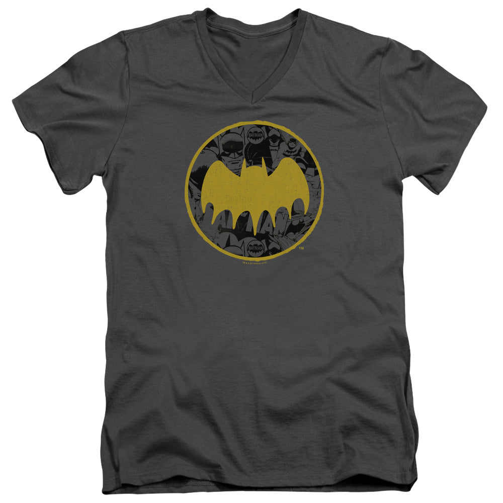 AN OFFCIALLY LICENSED BATMAN VINTAGE SYMBOL COLLAGE MEN'S V-NECK T-SHIRT CHARCOAL