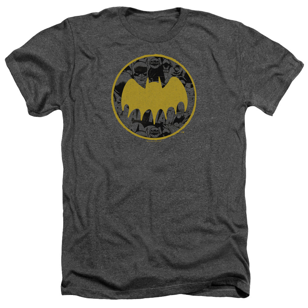 AN OFFCIALLY LICENSED BATMAN VINTAGE SYMBOL COLLAGE MEN'S HEATHER T-SHIRT CHARCOAL