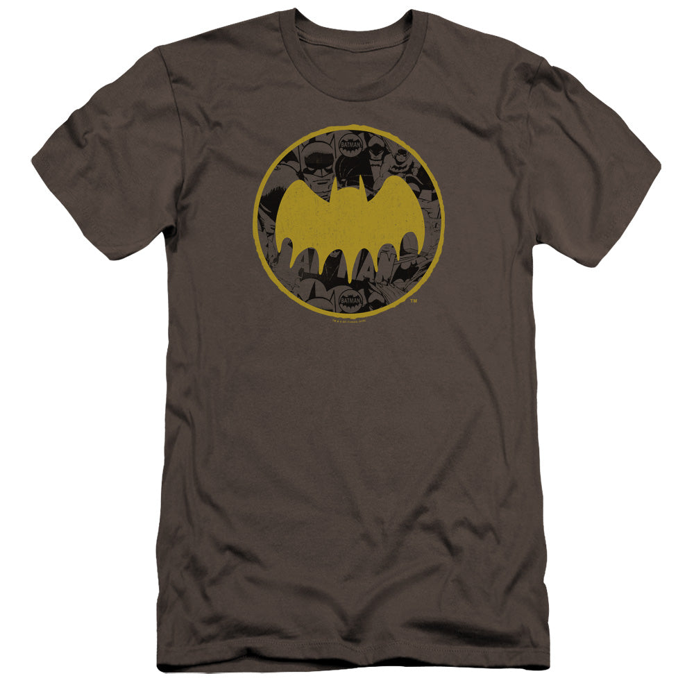 AN OFFCIALLY LICENSED BATMAN VINTAGE SYMBOL COLLAGE MEN'S PREMIUM SLIM FIT T-SHIRT CHARCOAL