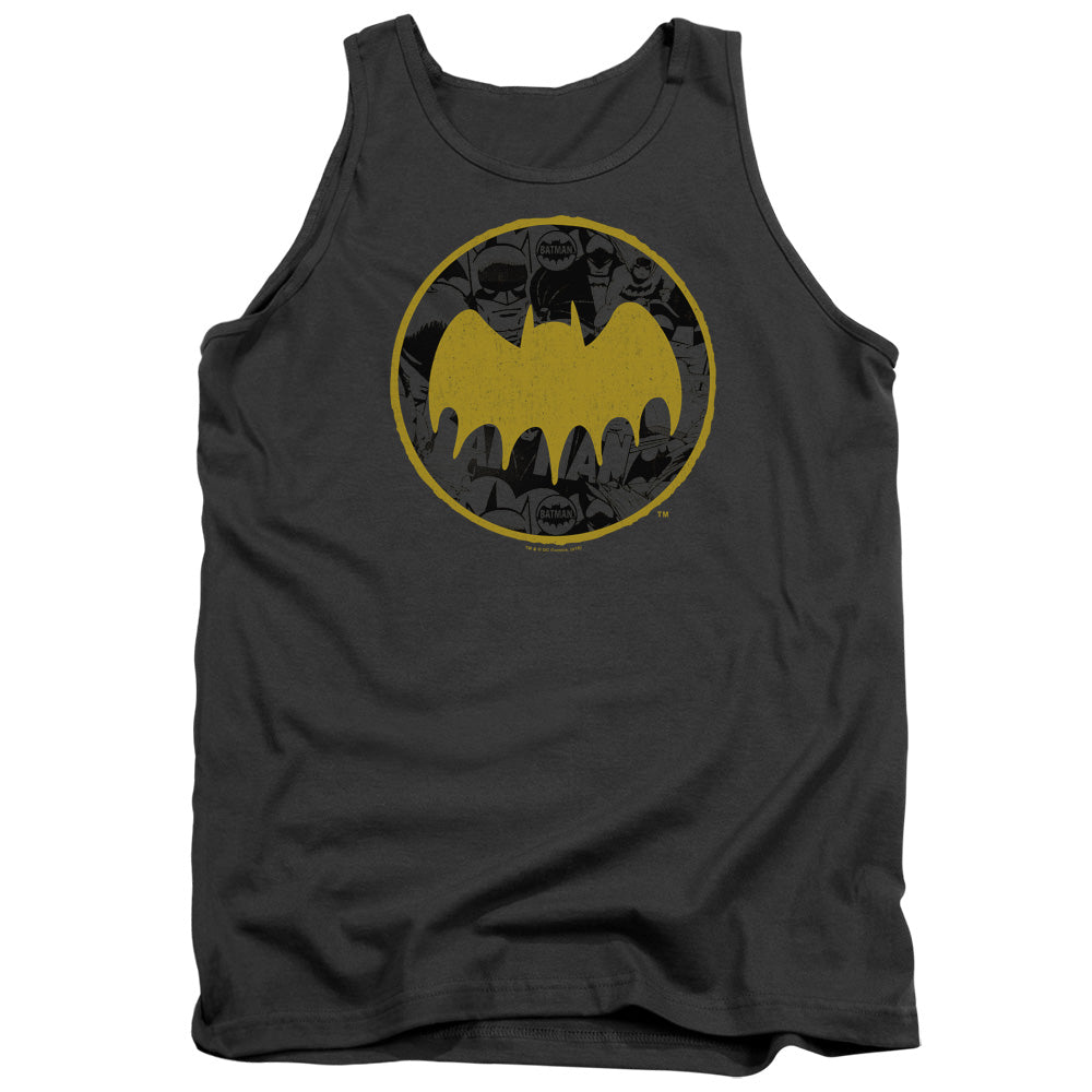 AN OFFCIALLY LICENSED BATMAN VINTAGE SYMBOL COLLAGE ADULT UNISEX TANK TOP CHARCOAL
