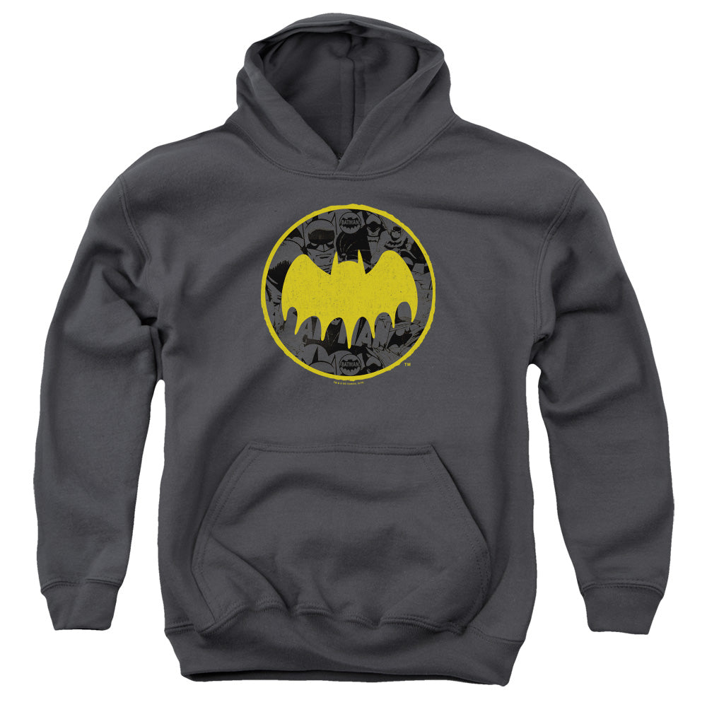 AN OFFCIALLY LICENSED BATMAN VINTAGE SYMBOL COLLAGE YOUTH HOODIE CHARCOAL