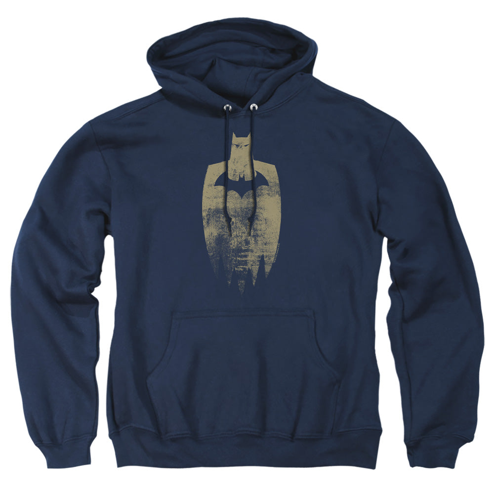 AN OFFCIALLY LICENSED BATMAN GOLD SILHOUETTE ADULT UNISEX PULLOVER HOODIE NAVY