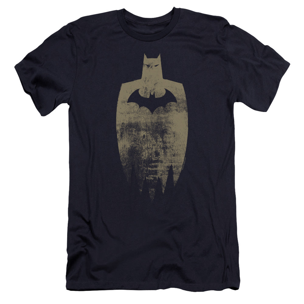 AN OFFCIALLY LICENSED BATMAN GOLD SILHOUETTE MEN'S PREMIUM SLIM FIT T-SHIRT NAVY