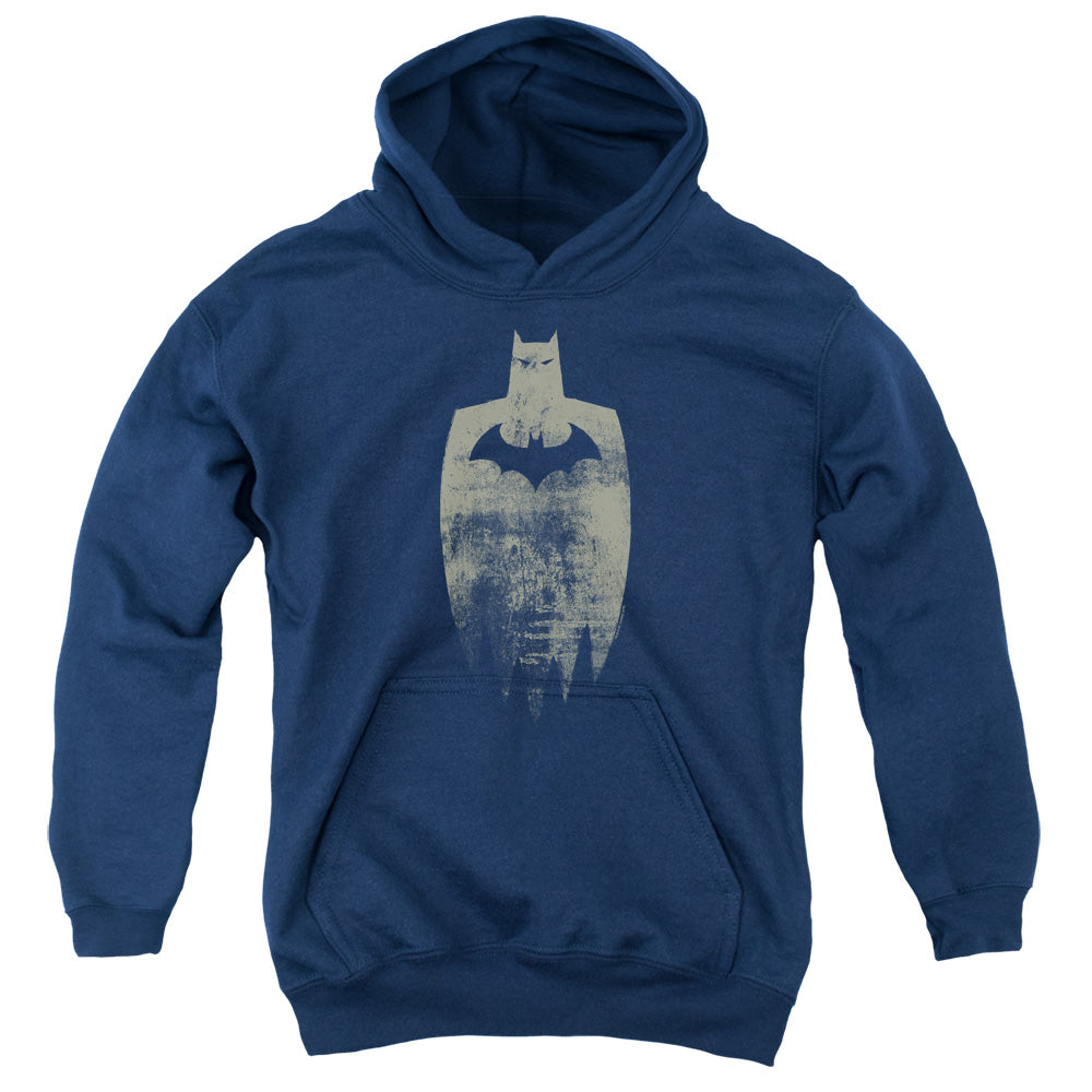 AN OFFCIALLY LICENSED BATMAN GOLD SILHOUETTE YOUTH HOODIE NAVY